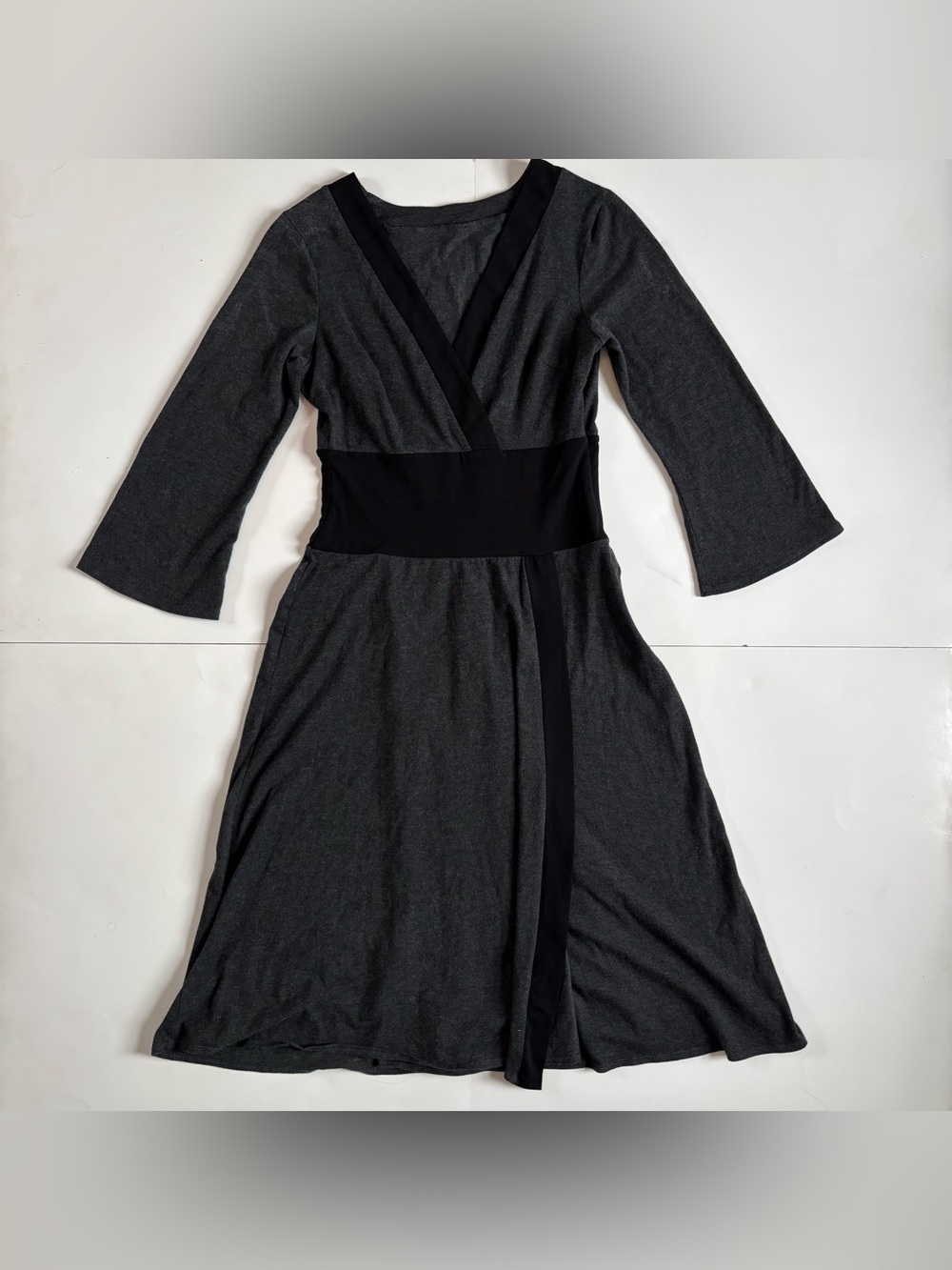 Charcoal Gray Long-Sleeve Wrap Dress with Black Waist Panel Vintage